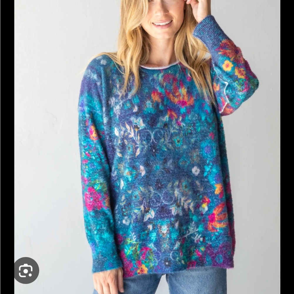 Natural Life Cashmere-like pullover sweater, indigo borders